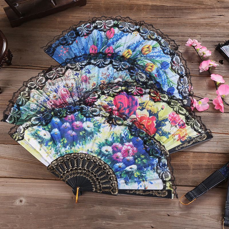 Spanish lace fan Ladies fan high quality black lace high-grade folding fan factory Black pole dance fan_voghion.com