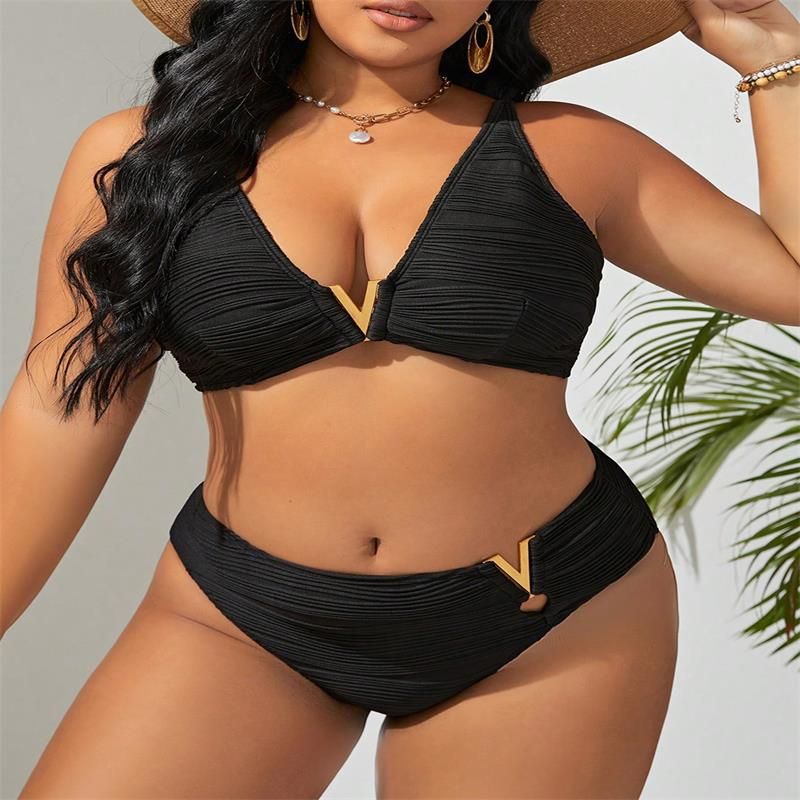 Maillot de bain deux pièces sexy noir fendu pour femme, grande taille_voghion.com