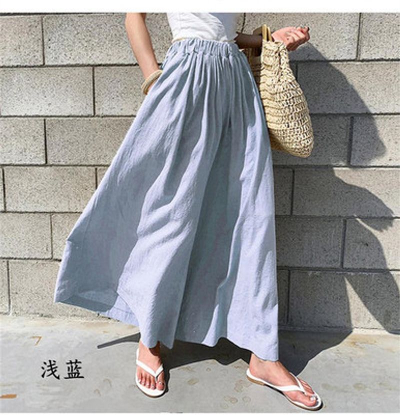 Muslim Chic Style Women's Fashion Solid Color Linen Wide Leg Pants Casual Pants Trousers Women's Pants Casual Pants_voghion.com