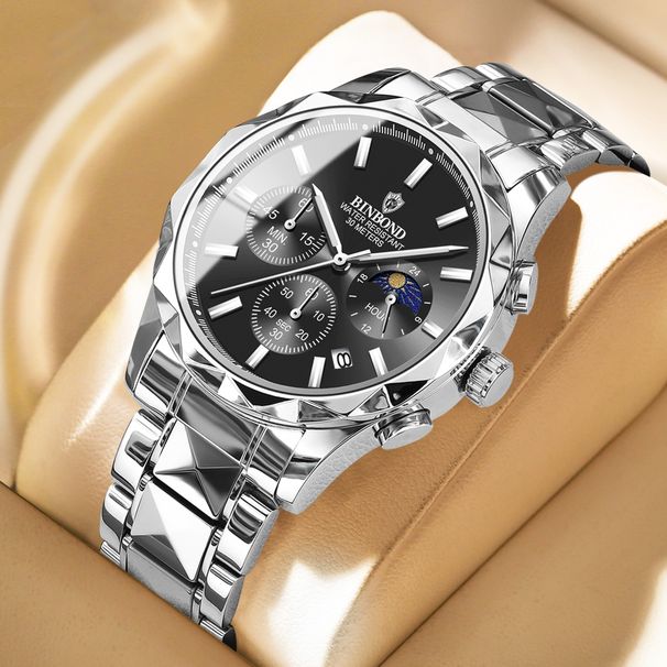 Men's Luxury Stainless Steel Quartz Watch With Butterfly Clasp, Multi-Function Calendar, Waterproof & Night Light, Elegant Business Wristwatch Quartz_voghion.com