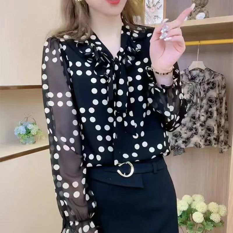 Women's spring new chiffon shirt for women fashion flanged age-reducing polka dot streamers loose cover belly thin top for women_voghion.com