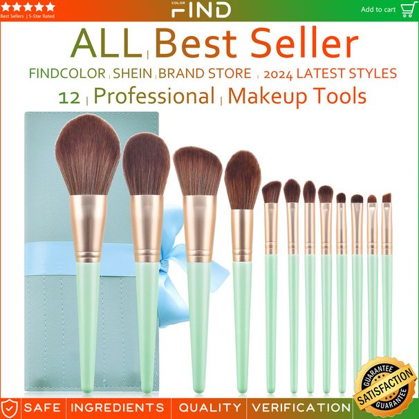 12 pcs Green High Quality Makeup Brush Set + Makeup Brush Bag Large Factory Direct Sales FINDCOLOR_voghion.com