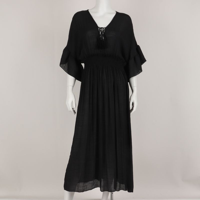 Vestido longo de praia com elástico e cinto de cintura plus size, saída de praia com proteção solar para o verão_voghion.com