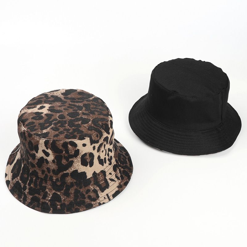 Cotton double-sided leopard print bucket hat for men and women outdoor sunscreen sunshade basin hat pure black hat_voghion.com