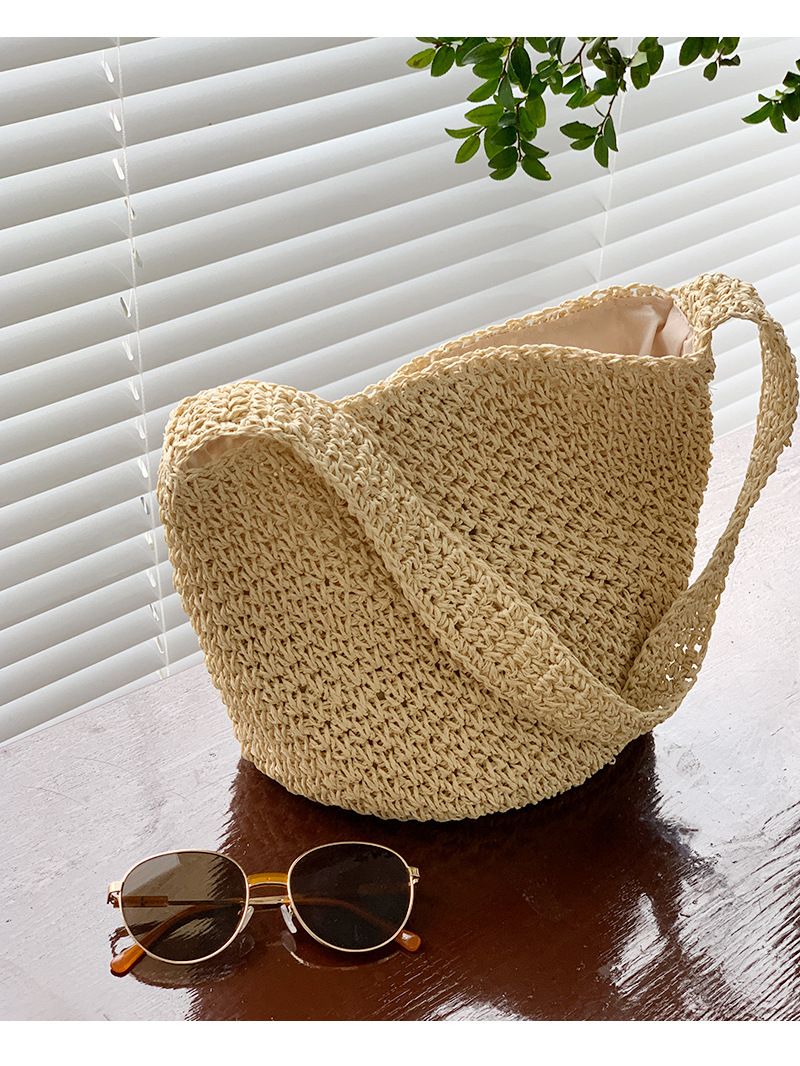Handgewebte Tasche im koreanischen Stil, modische Strohtasche, gewebte Tasche, Eimertasche, Strandtasche für den Urlaub am Meer_voghion.com