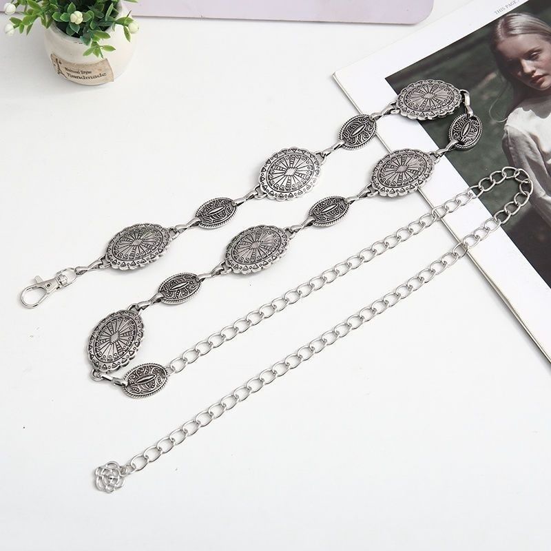 Personalisierte ethnische Retro-Metall-Scheiben-Anhänger-Taillenkette Damenmode Metall passende Kleid Gürtel Dekoration_voghion.com