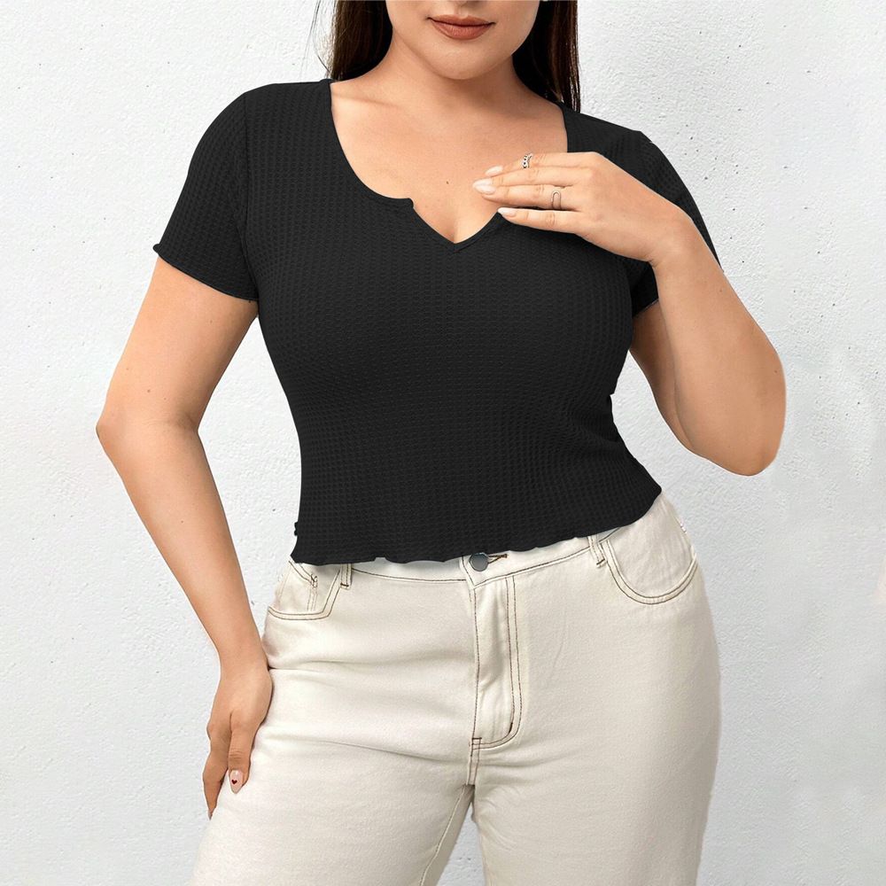 2024 Oversized Women's Waffle Breathable Slim Fit Temperament Solid Color T-shirt Top_voghion.com