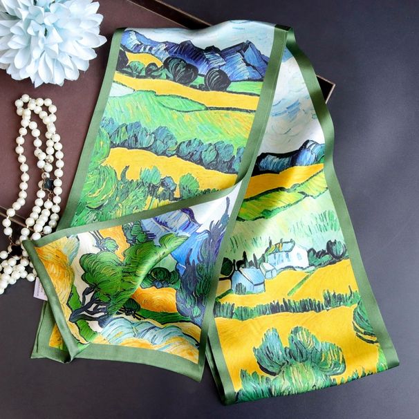 Sciarpa a doppio strato con nastro da collo in seta di gelso, stretta e lunga, con campo di grano verde dipinto a olio_voghion.com