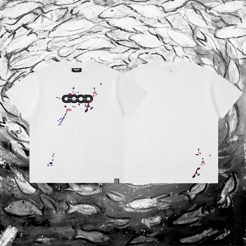 GOODBRAND Spring Summer ColorJumping 3D Ink Splash Embroidery Black And White Round Neck Good Short Sleeve T-Shirt_voghion.com