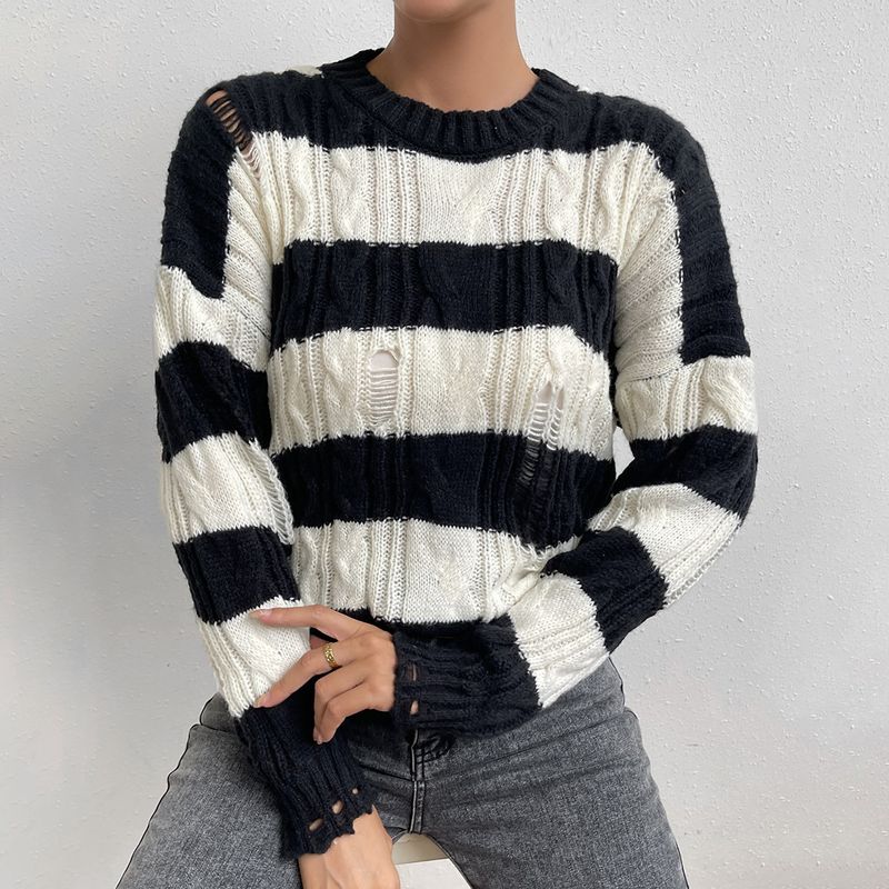 Pull déchiré rayé à col rond pour femme, tricot à la mode_voghion.com