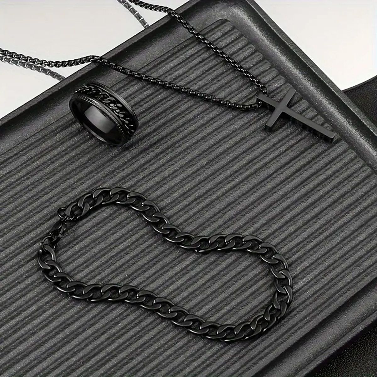 Hip hop Cuban chain cross necklace bracelet ring 3 piece set_voghion.com