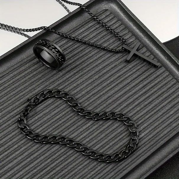 Hip hop Cuban chain cross necklace bracelet ring 3 piece set_voghion.com