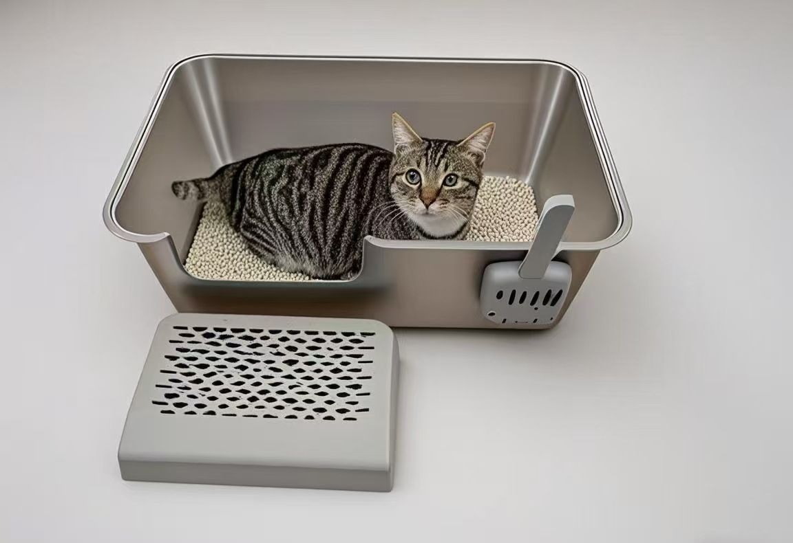 Caja de acero inoxidable semicerrada, inodoro extragrande a prueba de salpicaduras para gatos Maine Coon_voghion.com