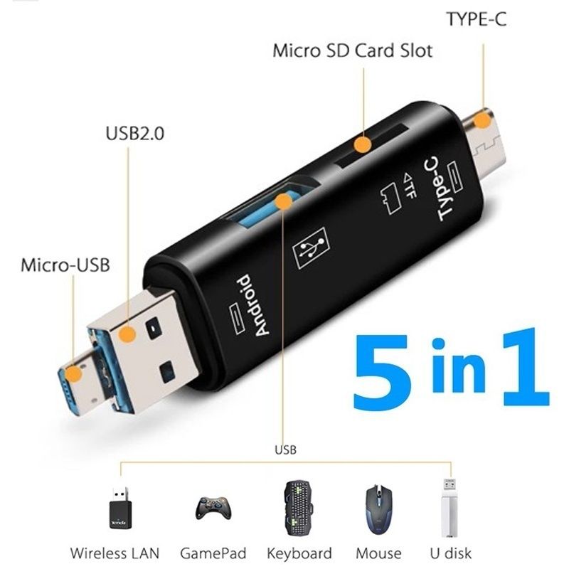 5 σε 1 Πολυλειτουργικό USB 2.0 Τύπος C/Usb /Micro Usb/Tf/SD Αναγνώστης κάρτας μνήμης Προσαρμογέας OTG Card Reader Αξεσουάρ κινητού τηλεφώνου_voghion.com