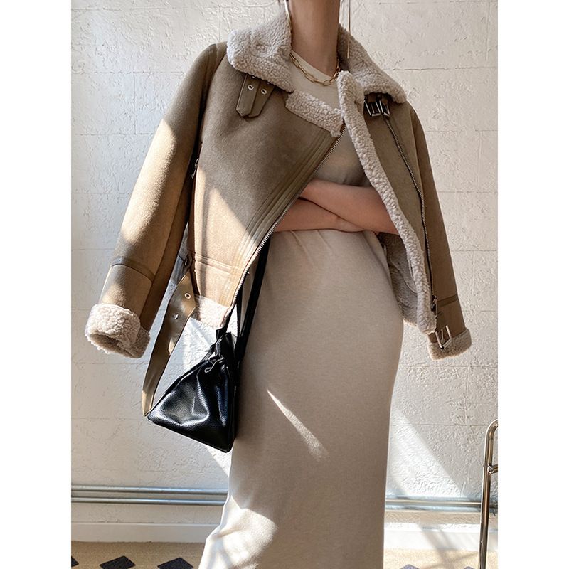 Abbigliamento da donna Giacca da motociclista invernale da donna, calda e calda, foderata in pile di montone sintetico con chiusura a cerniera, nero e cachi, XS/S/M/L_voghion.com