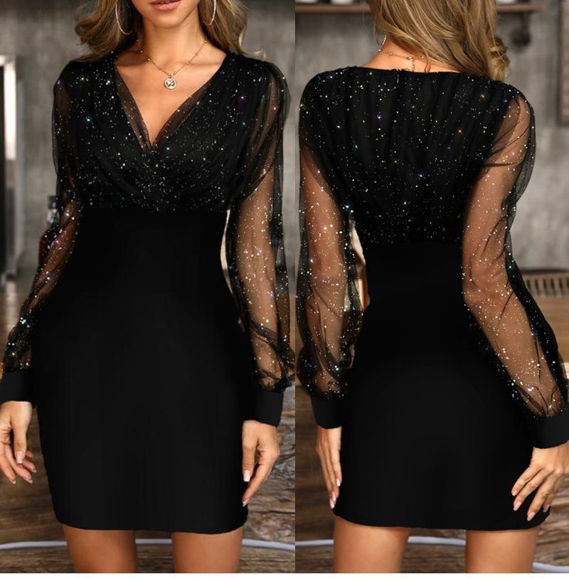 Spot neue europäische und amerikanische Independent-Station schlankes Mesh-V-Ausschnitt Paillettenkleid schlankes sexy Kleid_voghion.com