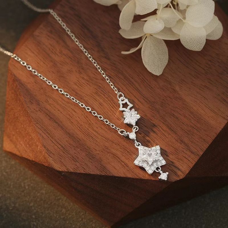 Collana con zirconi a stella in argento S999 - Elegante catena per clavicola da donna_voghion.com