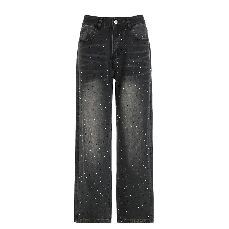Damenbekleidung Street Style Basic Washed Gradient Color Glitter Hot Diamond Straight Pants Hot Girl Wide Leg Slimming Special Jeans_voghion.com