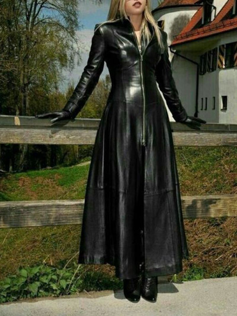 Women's ultra long net pu small stand collar leather coat_voghion.com
