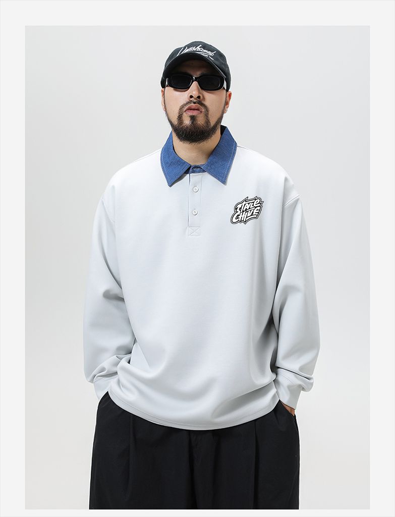 2025 Autumn New American Heavy Polo Collar Hoodie Large Men's Loose Long Sleeve Bottom Top_voghion.com