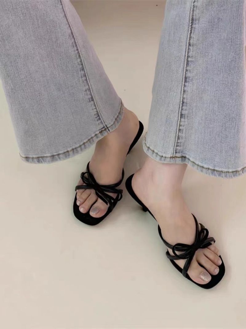 2025 New French Bow Strappy Sandals Elegant Open-toe High-heeled Low-heeled Ladies Slippers Fashionable Exquisite Hundred Matching_voghion.com