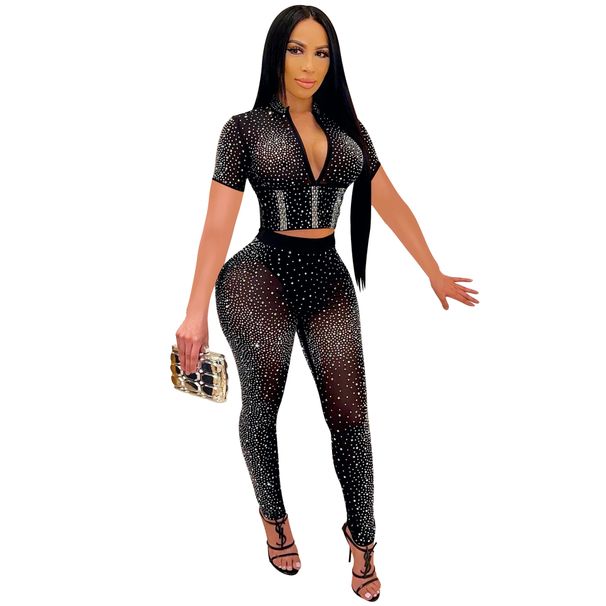 Women's solid color mesh hot diamond short-sleeved trousers two-piece set_voghion.com