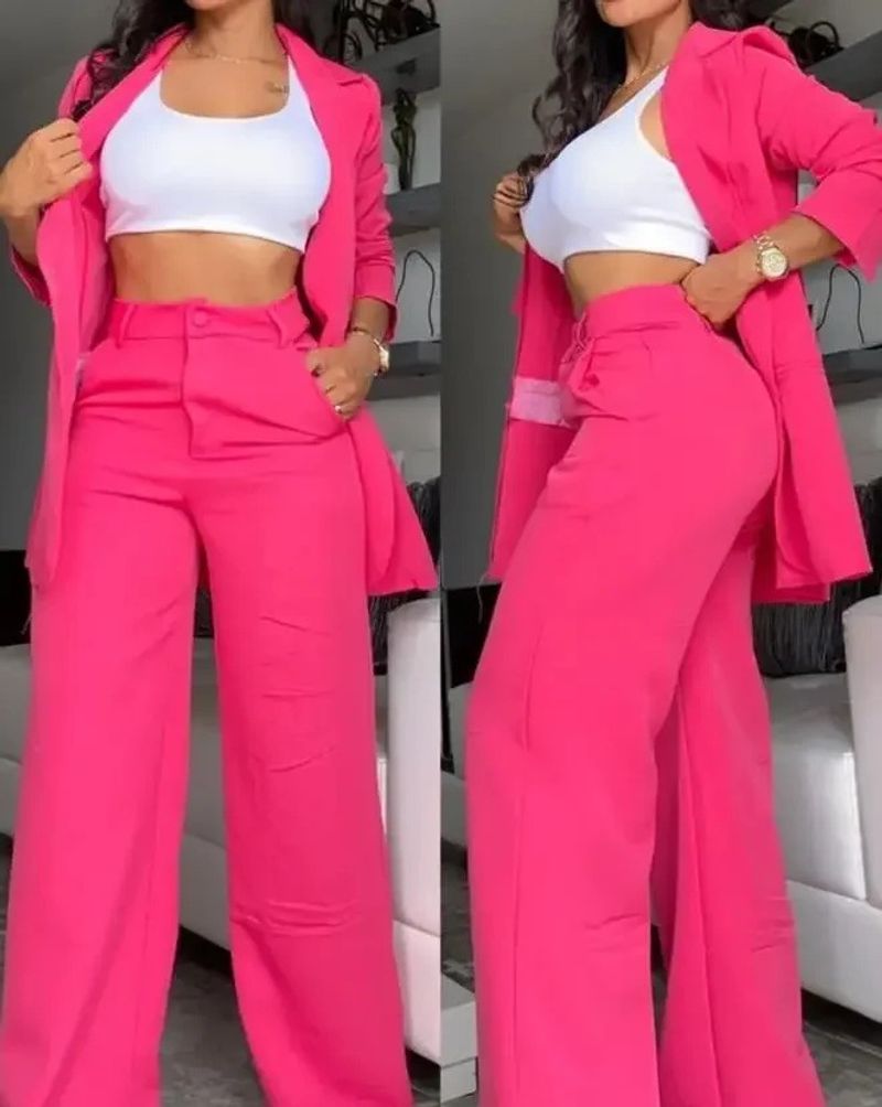 Nieuwe herfstmode voor dames, elegant kostuum, jas, broek met zakken, tweedelig werkpak_voghion.com
