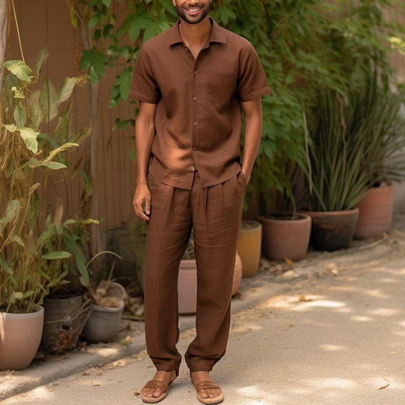 2024 men's linen summer lapel short sleeve solid color shirt trousers two-piece casual set_voghion.com