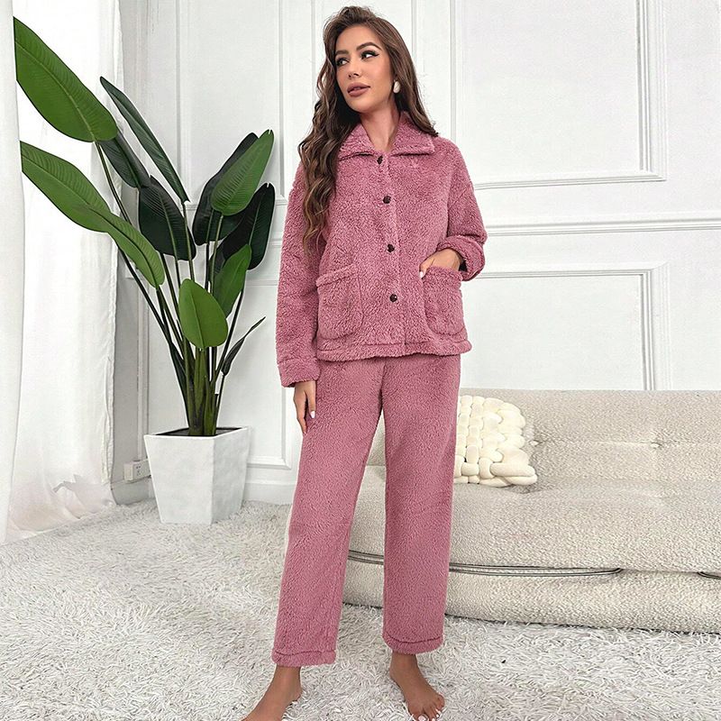 Autumn And Winter Cardigan Button Dark Pink Pajamas Simple And Casual_voghion.com