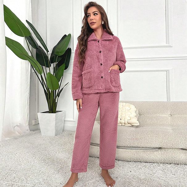 Autumn And Winter Cardigan Button Dark Pink Pajamas Simple And Casual_voghion.com