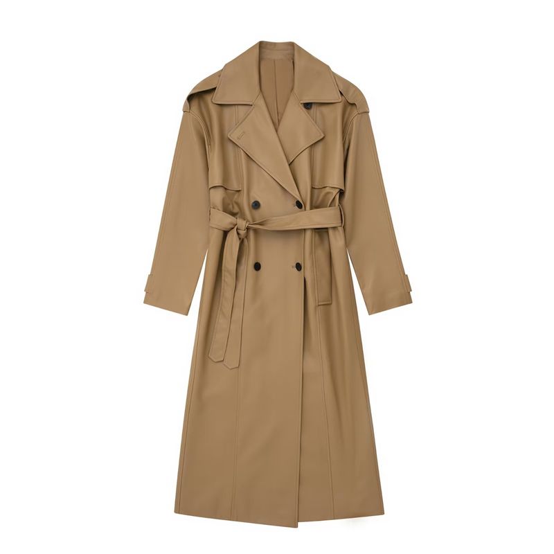 Damen Trenchcoat Urban Zweireihig Casual Leder Leicht Gekocht Mittellang_voghion.com