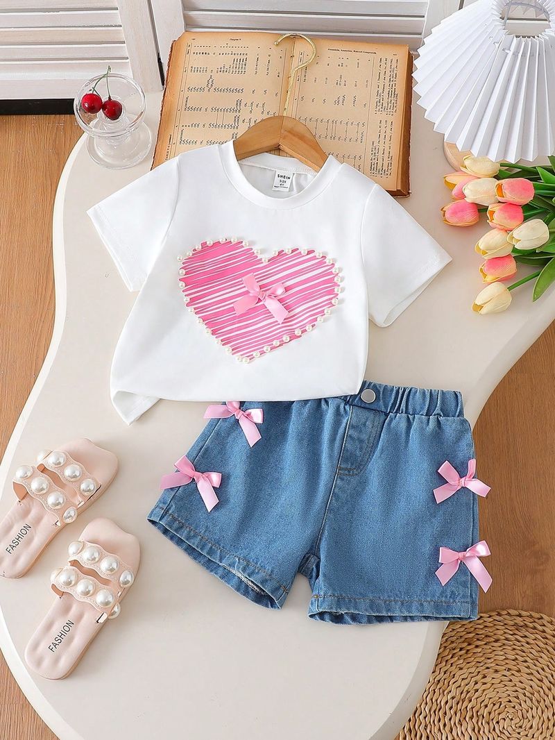 ​​"Girls' Valentine's Day Love-Print T-Shirt & Shorts Set – 100% Cotton, A-Class Safety, Soft & Cute For Ages 3-8 (100-140cm)"​​_voghion.com