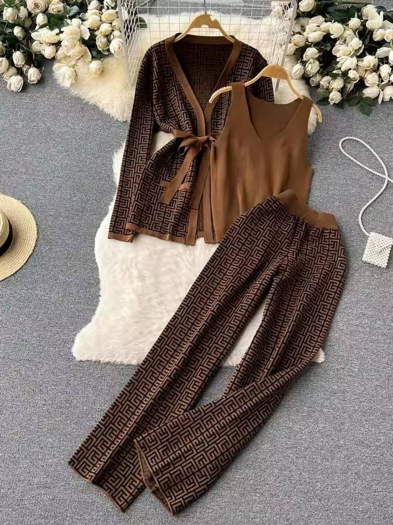 Women's Clothing printed casual suit women's shawl coat + V neck bottoming sweater + wide leg trousers three piece set_voghion.com