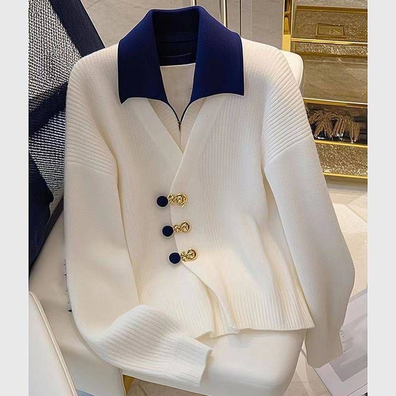 Abbigliamento donna Autunno e inverno Maglione lavorato a maglia in due pezzi Maglione interno con collo polo e bottoni_voghion.com
