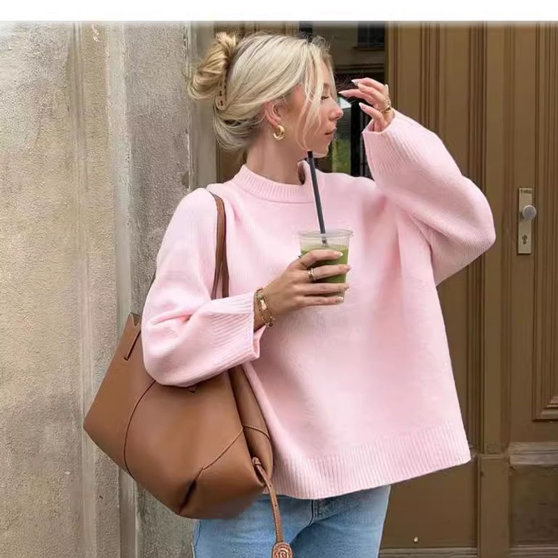 Pull col rond uni pour femme – Haut en tricot doux et élégant (S/M/L/XL, rose/kaki/noir)_voghion.com