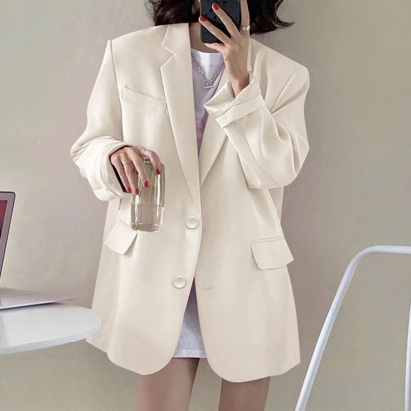 Schwarze Blazerjacke für Damen – Stilvoller, britisch-koreanisch inspirierter, übergroßer Büromantel mit Taschen für Arbeit und Freizeit_voghion.com