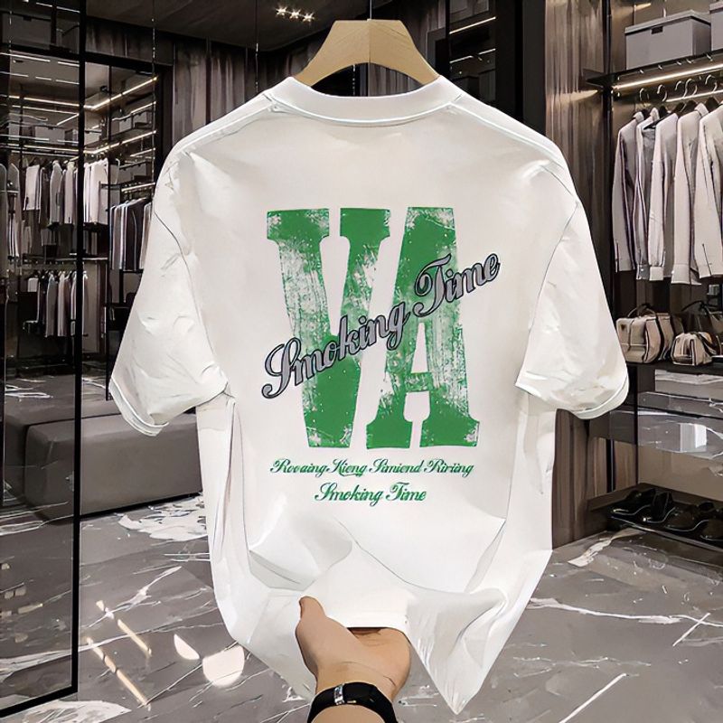 Roupas masculinas com estampa de letras de algodão, gola redonda, manga curta, solta, casual, meia manga, tops versáteis_voghion.com
