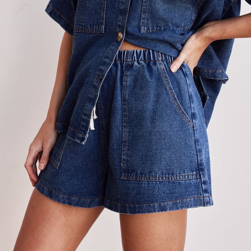 Abbigliamento da donna retrò casual ampio tasca manica corta camicia pantaloncini denim due pezzi vestito_voghion.com