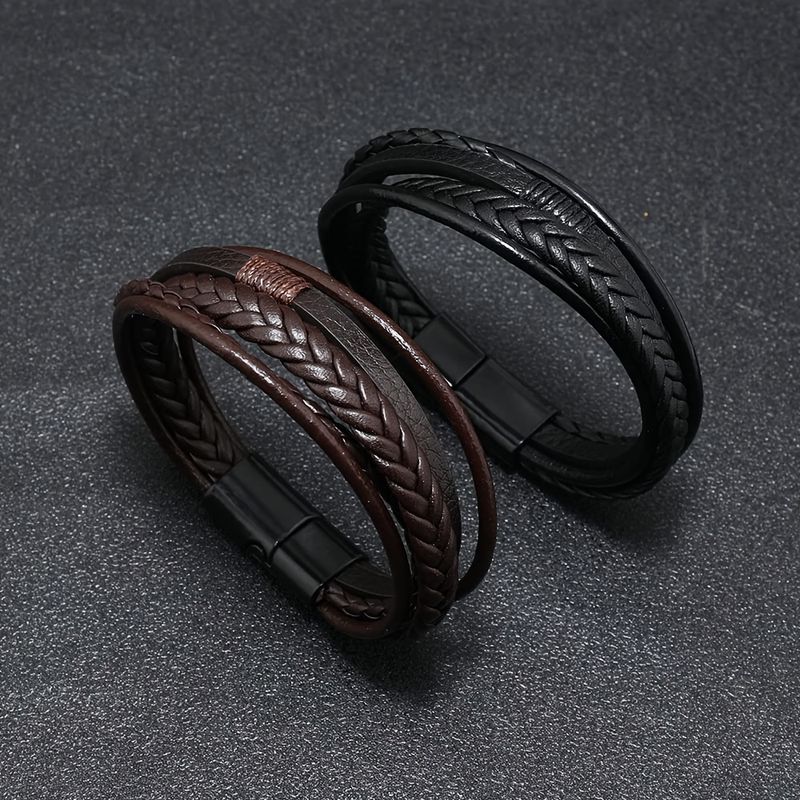 Bracciale multifilo in pelle nera da uomo, bracciale casual marrone intrecciato_voghion.com