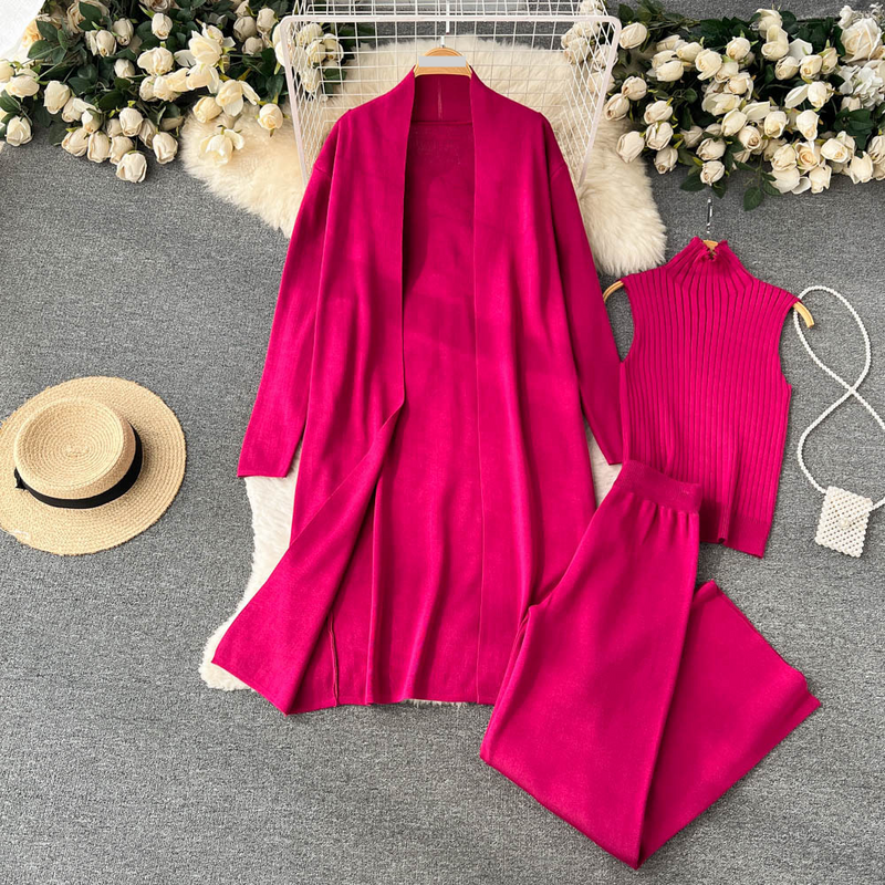 Women's Clothing Autumn new lazy loose knitted suit women's long shawl cardigan + turtleneck sweater + wide-leg pants three-piece set_voghion.com
