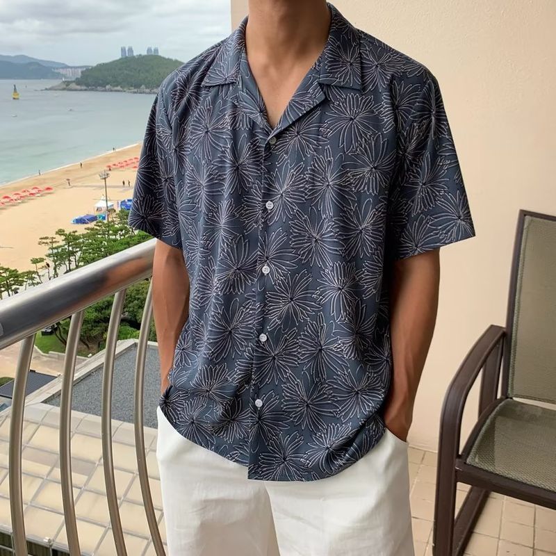 Navy blue Cuban collar shirt, men's thin Hawaiian flower shirt, French shirt, haute couture shirt, with three quarter sleeves_voghion.com