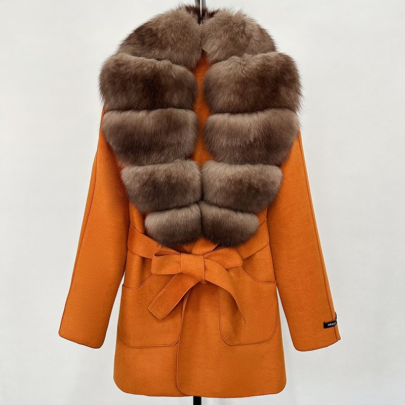 Women's Clothing Luxury Double-Faced Wool Coat With Genuine Fox Fur Collar - Elegant Mid-Length Trench Coat For Women (Multiple Color Options)​_voghion.com