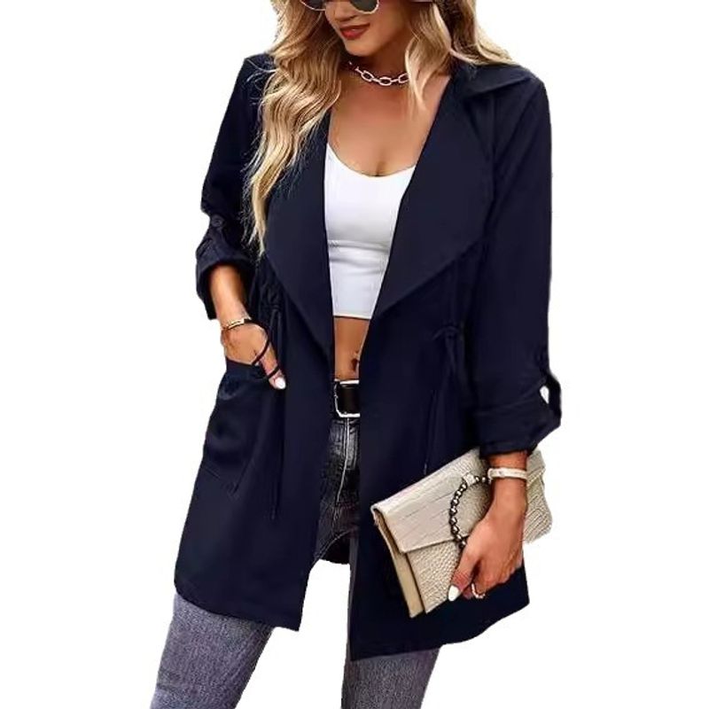 Women's Clothing coat classic open front lapel coat slim fit jacket with belt buckle_voghion.com
