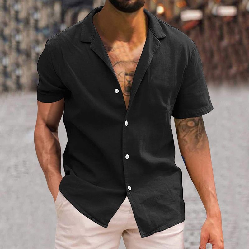 Schwarzes Hawaiihemd im Strandstil, kurzärmelig, Umlegekragen, Baumwoll-Leinen-Bluse mit Knöpfen, lockeres Herrenhemd im Arbeits- und Reisestil_voghion.com