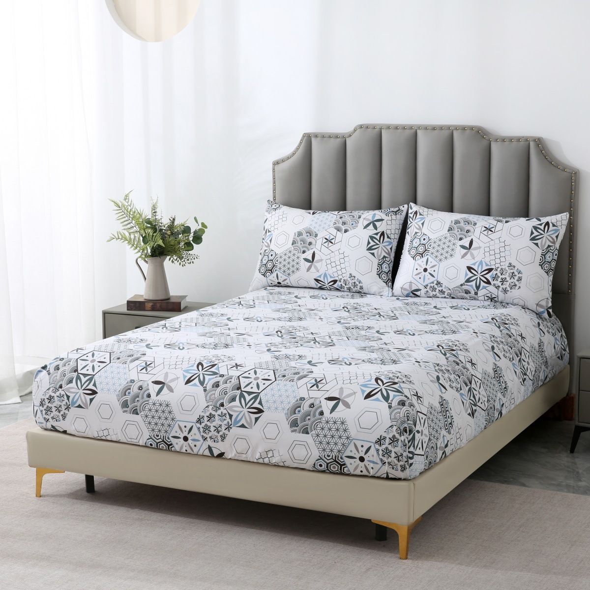 Juego de sábanas ajustables de poliéster con estampado geométrico 3D bohemio, bordes elásticos, estampados vibrantes y varios tamaños._voghion.com