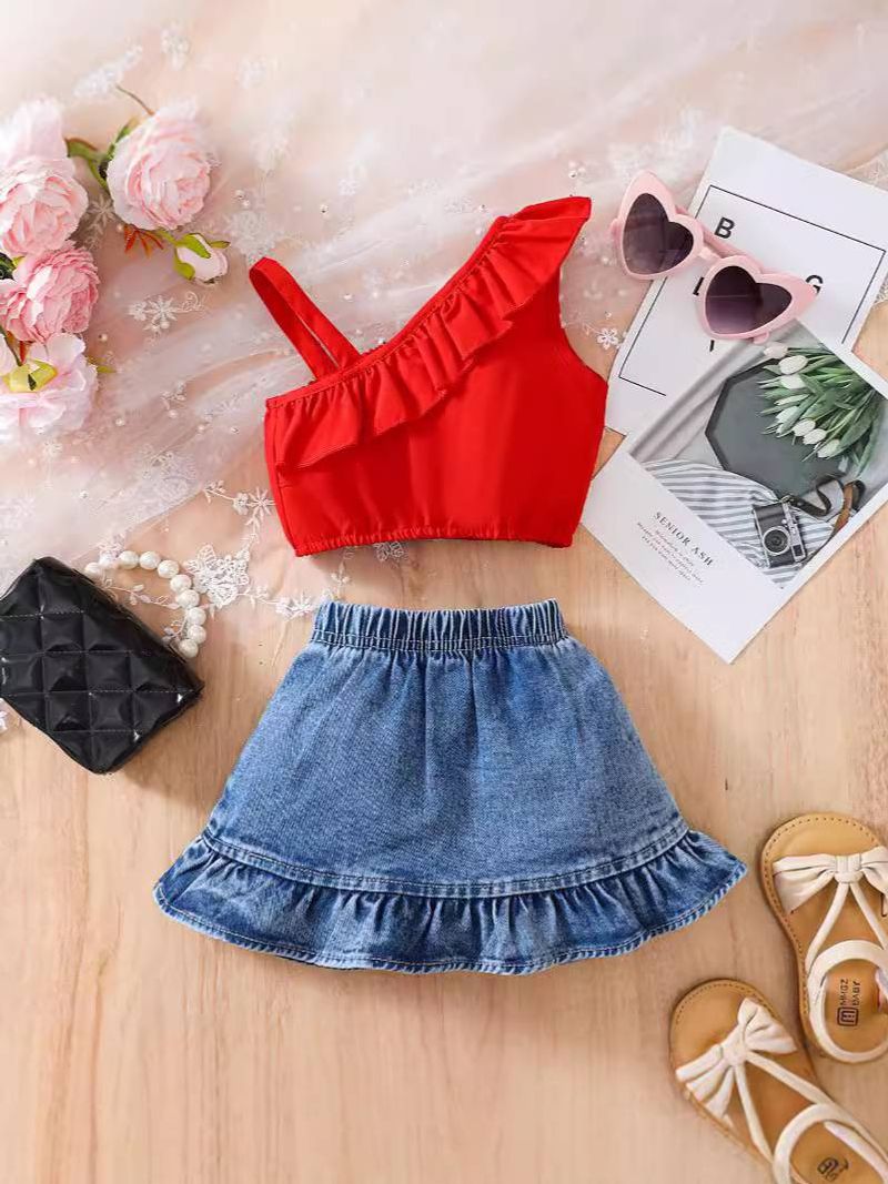 Kids’ Clothing Exclusive New Products For Infants And Children Solid Color Tops And Denim Skirt Sets_voghion.com