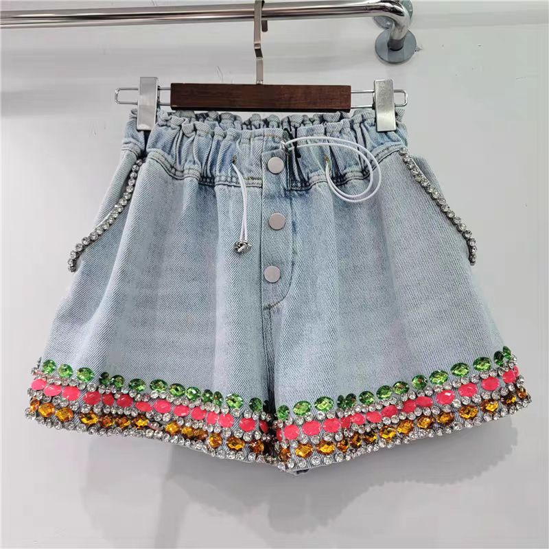 Schweres Design, Perlennagelperle, hohe Taille, dünne Jeansshorts mit weitem Bein für Damen_voghion.com