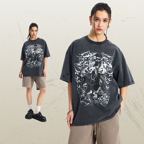 Maglietta larga da uomo con stampa serpente, taglio retrò, vecchio, danneggiato, lavaggio ad acqua, 275 g_voghion.com