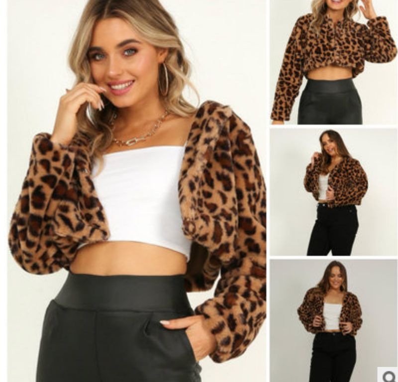 Women'S autumn leopard print long-sleeved short hidden button cardigan top plush jacket_voghion.com