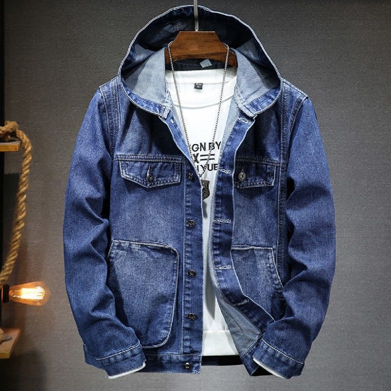 Men's Denim Jacket With Hood, Loose Fit, Slim Style, Korean Fashion, Casual Large Pocket Outerwear, Trendy Social Clothing Coat_voghion.com